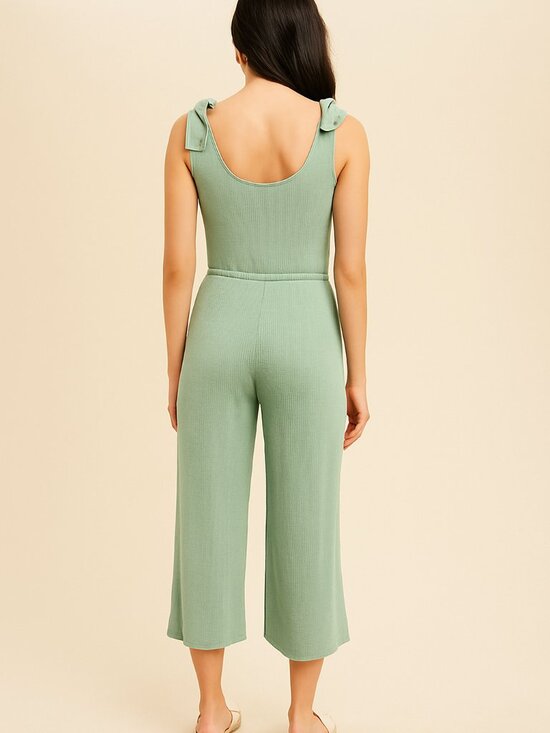 HEM & THREAD Tie Shoulder Knit Jumpsuit | Sage Green - Picture 2 of 4
